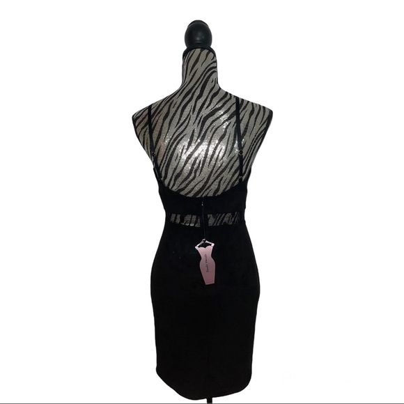 Black Velvet Mesh Cutout Bodycon Dress - Picture 2 of 5